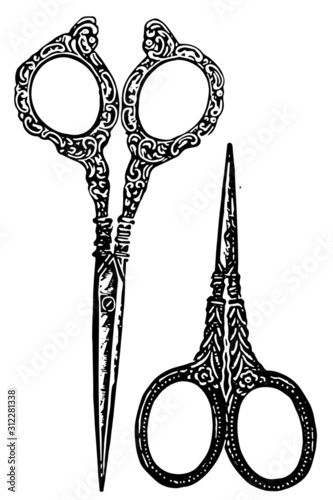 vintage engraved sewing scissors, authentic 1900's catalog item