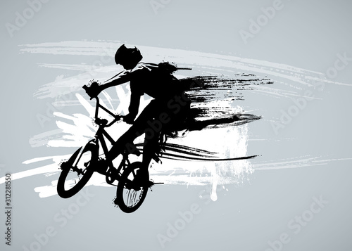 Active man. BMX rider in abstract sport landscape background, vector.