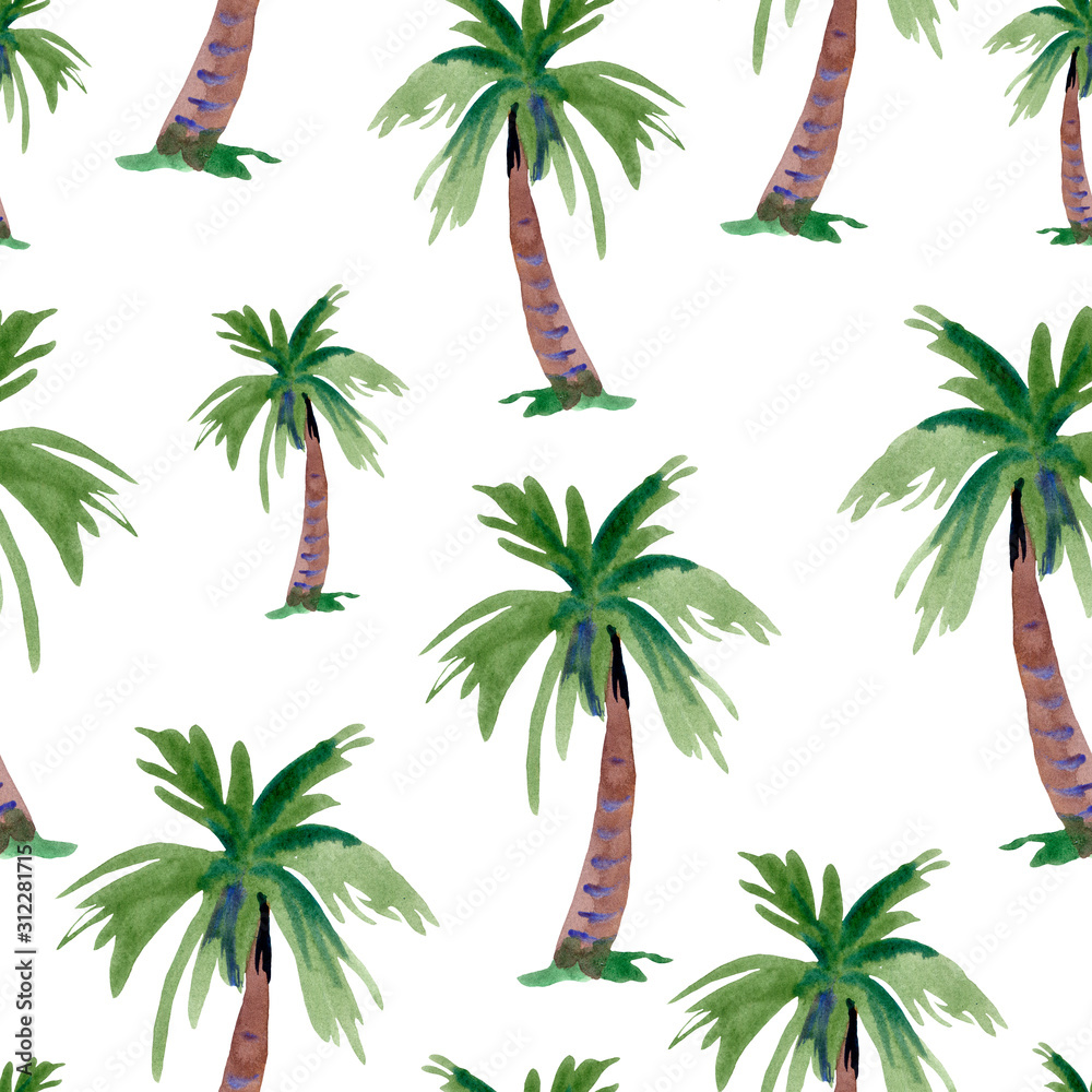 Naklejka premium Watercolor natural seamless pattern with palms. Summer texture