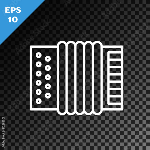 White line Musical instrument accordion icon isolated on transparent dark background. Classical bayan, harmonic. Vector Illustration