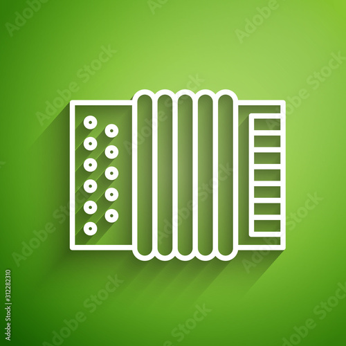White line Musical instrument accordion icon isolated on green background. Classical bayan, harmonic. Vector Illustration