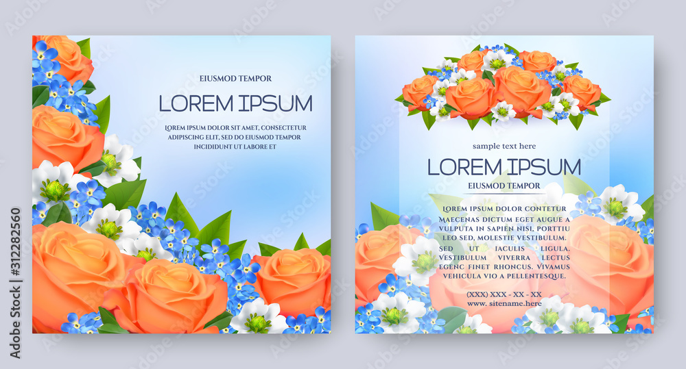 Floral vector card set with flowers of realistic orange rose, forget-me-not, white buds. Romantic templates for wedding invitation, greeting card, cosmetic products, packages and other design elements