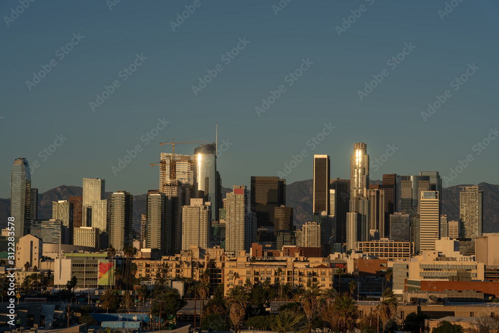 Amazing Los Angeles downtown view during the sunset in California