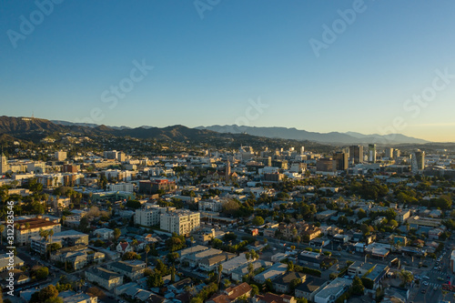 Aerial morning view of Hollywood in California during sunrise