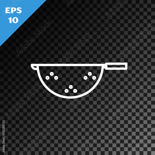 White line Kitchen colander icon isolated on transparent dark background. Cooking utensil. Cutlery sign. Vector Illustration