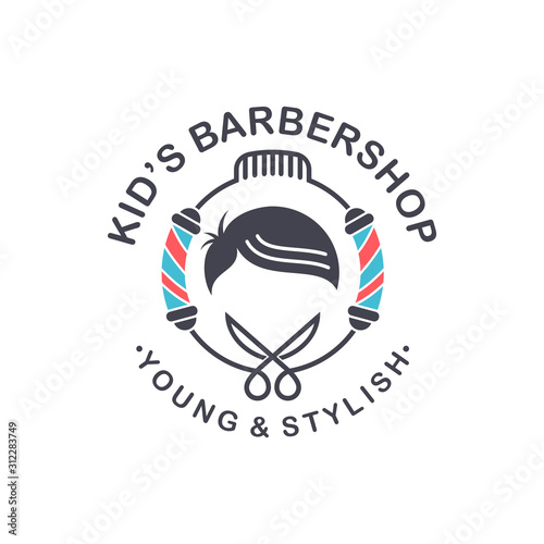 Vintage kids barbershop logo. Retro hair salon logo design. Emblem barber logo template. Children's hair stylist vector