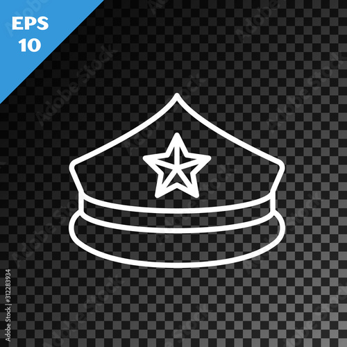 White line Police cap with cockade icon isolated on transparent dark background. Police hat sign. Vector Illustration