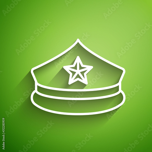 White line Police cap with cockade icon isolated on green background. Police hat sign. Vector Illustration