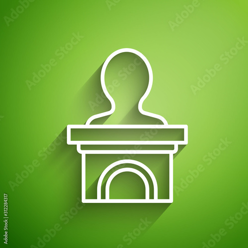 White line Stage stand or debate podium rostrum icon isolated on green background. Conference speech tribune. Vector Illustration