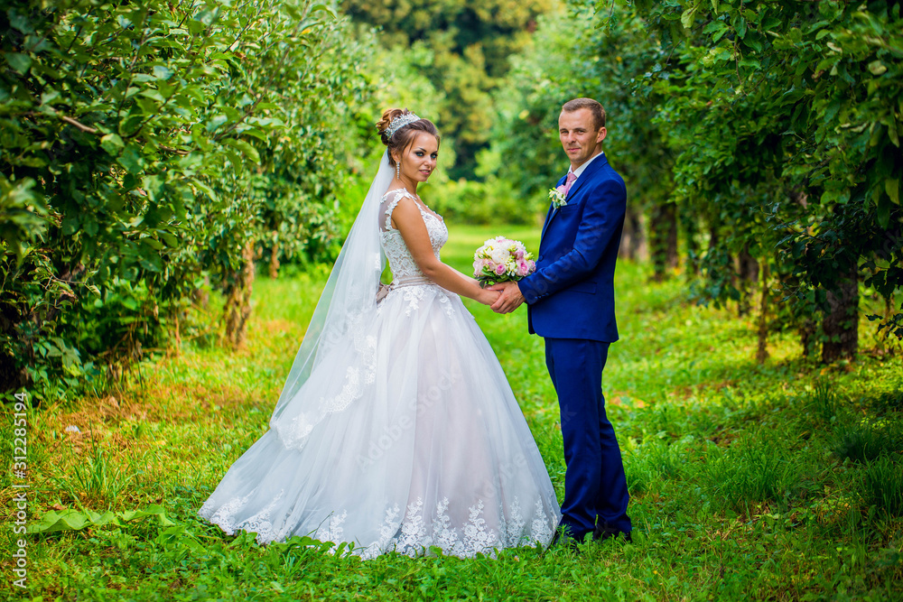 bride and groom hold hands, stand in front of each other on a background of green park bride and groom hold hands, stand in front of each other on a background of green park