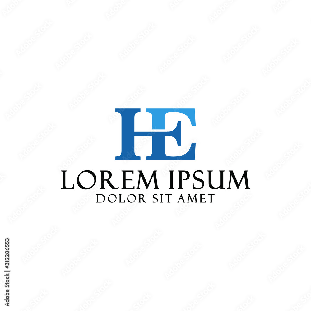 Initial letter H E logo template with serif font elegance icon in flat design monogram illustration