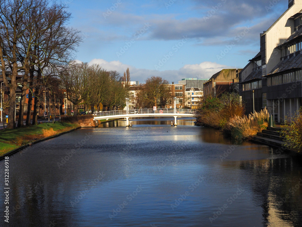 View of a bridge on Witte Singel waterway in the city of Leiden, the Netherlands