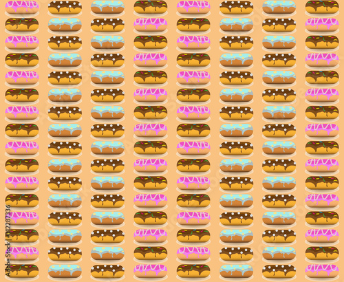 Sweet donuts with different decor on light napkins on warm orange background. View from side, in bakery stores. Seamless vector illustration for menu design, cafe design, packaging boxes and paper.