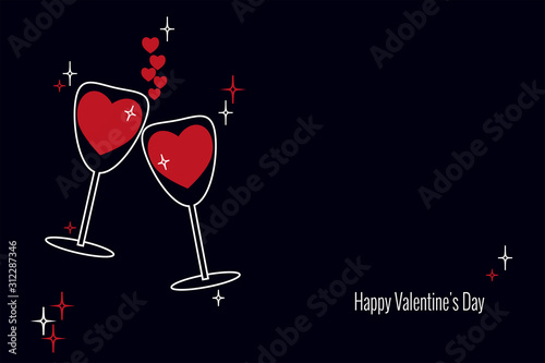 Two tall glasses with red wine in shape of hearts in love on dark blue background. Vector illustration with place for text for holiday Valentines Day, birthday invitation for wedding.