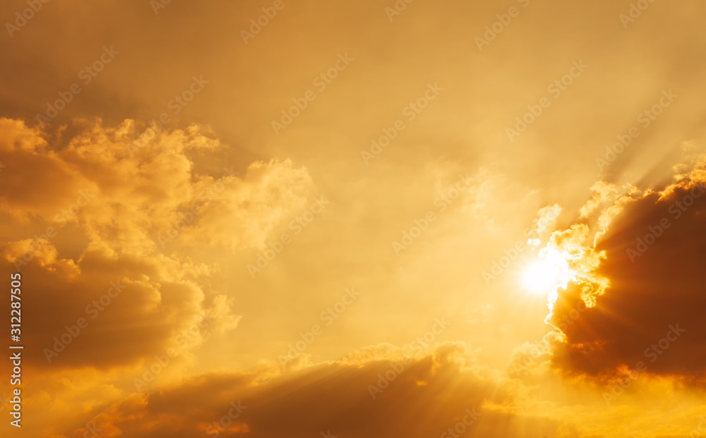 Shining sun on sky and clouds nature orange sky background