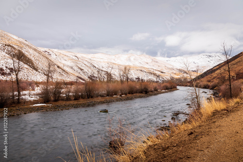 South Fork of the Boise RIver in the winter with snow on the hills.