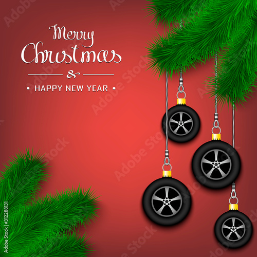 Car wheels on a Christmas tree branch