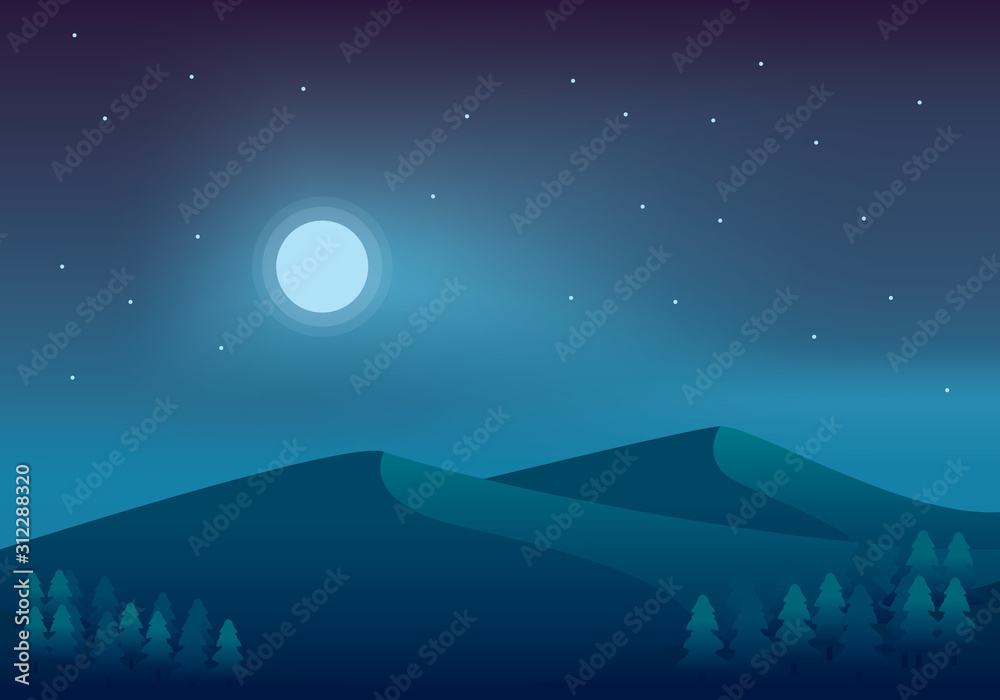 Beautiful mountain night landscape with some pine trees, starry sky and moonlight vector illustration suitable for background too Beautiful mountain night landscape with some pine trees, starry sky and moonlight vector illustration suitable for background too