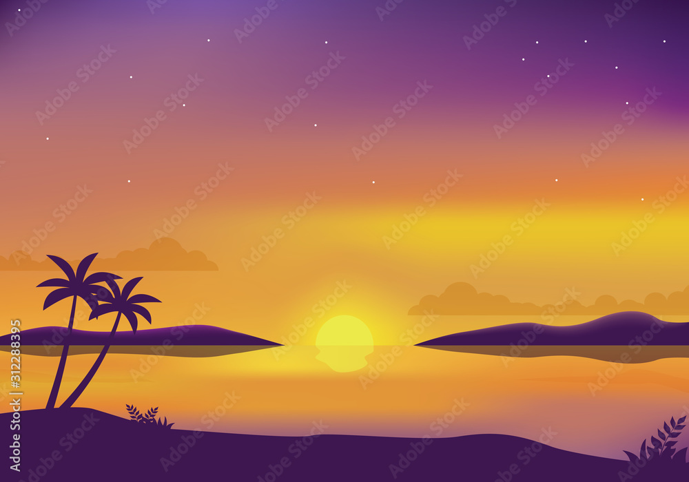 Sunset at beach vector illustration. Sunset landscape background with beautiful scene 