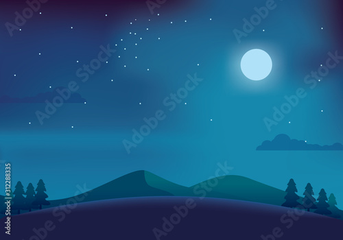 Beautiful mountain night landscape with some pine trees, starry sky and moonlight vector illustration suitable for background too 