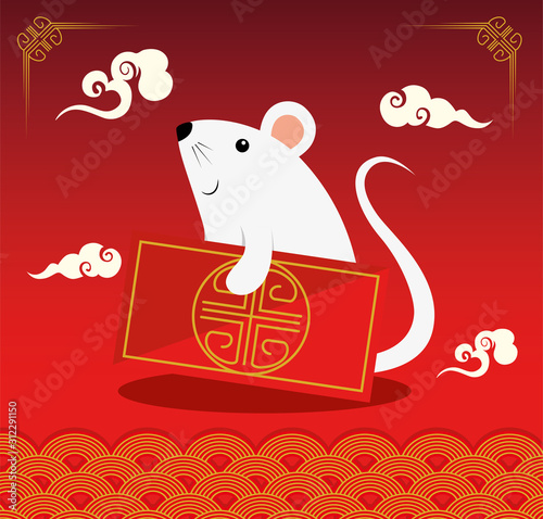 happy new year chinese with rat and decoration vector illustration design