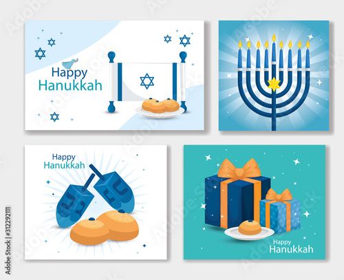 set poster of happy hanukkah with decoration vector illustration design