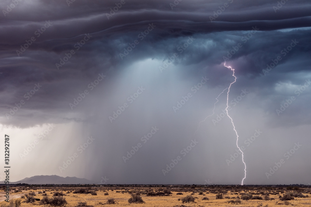 Fototapeta premium Lightning storm with heavy rain and dark clouds