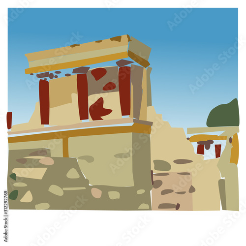 Isolated vector illustration. View of ruined Minoan palace of king Minos in Knossos, Crete. Stylized colorful sketch.