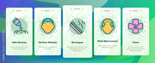 Hair Loss Onboarding Mobile App Page Screen Vector. Hair Loss And Bald Human Silhouette, Comb And Fan, Healthy Shampoo Bottle And Drop Illustrations
