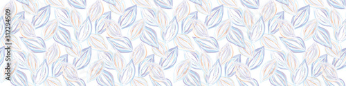 Floral leaf motif vector watercolor border background. Seamless repeat banner pattern on white. Delicate pastel hand painted foliage for textile edging. Aquarelle artistic ribbon trim or washi tape.