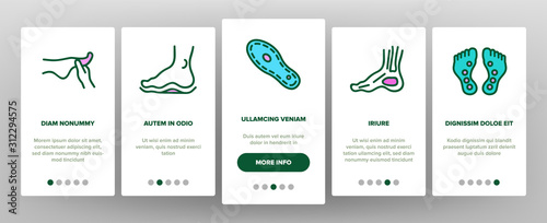 Foot Human Body Part Onboarding Mobile App Page Screen Vector. Skeletal Foot X-ray Photo And Bones, Footprint And Ankle, Gypsum And Heel Illustrations