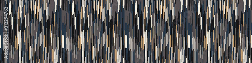 Spliced vector border stripe. Geometric variegated banner background. Seamless boho ikat pattern with woven broken lines. Modern distorted pixel textile ribbon trim. Trendy digital disrupted glitch.