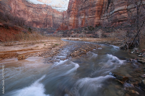 Desert red rocks with running creek in Zion National Park