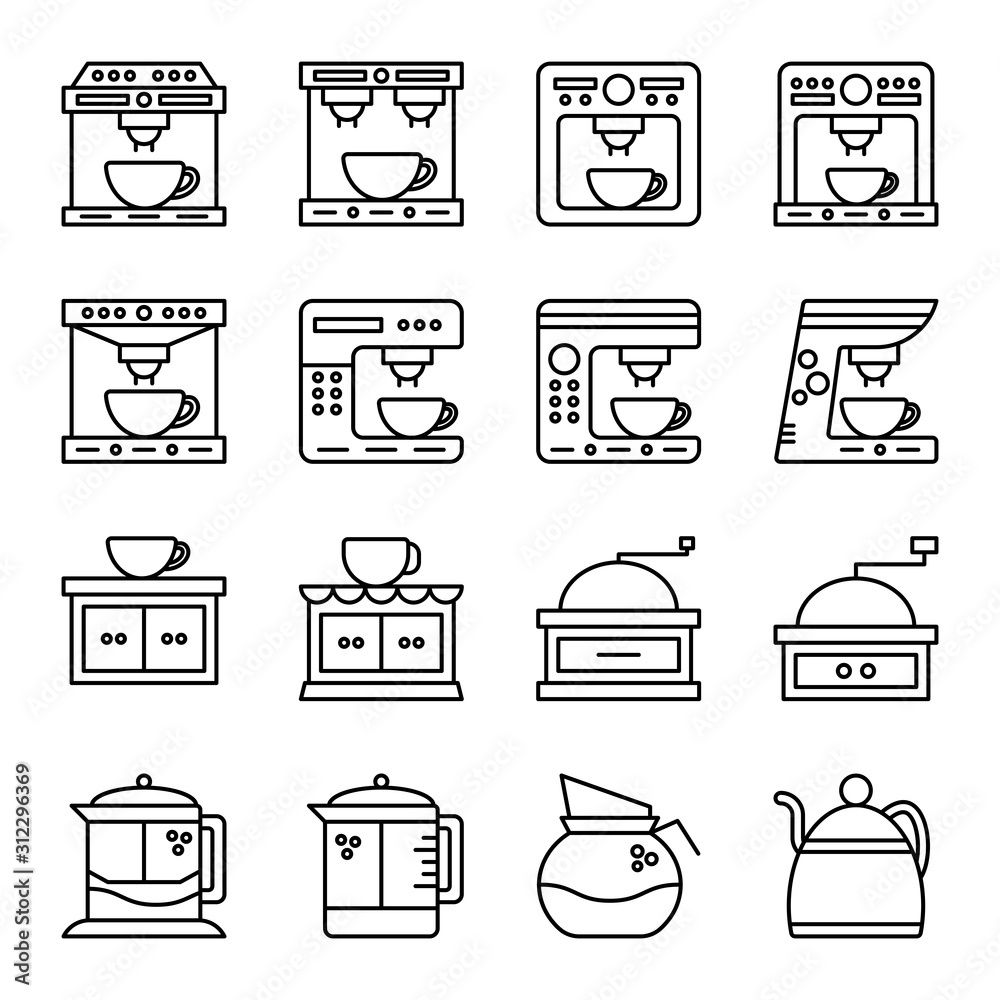 Coffee line icons set vector illustration. Contains such Icons as kettle, pot, beans, hot cocktail, mixer, coffee machine. espresso cup, cappuccino, roasted bean. Pixel perfect. Editable Stroke. Coffee line icons set vector illustration. Contains such Icons as kettle, pot, beans, hot cocktail, mixer, coffee machine. espresso cup, cappuccino, roasted bean. Pixel perfect. Editable Stroke.