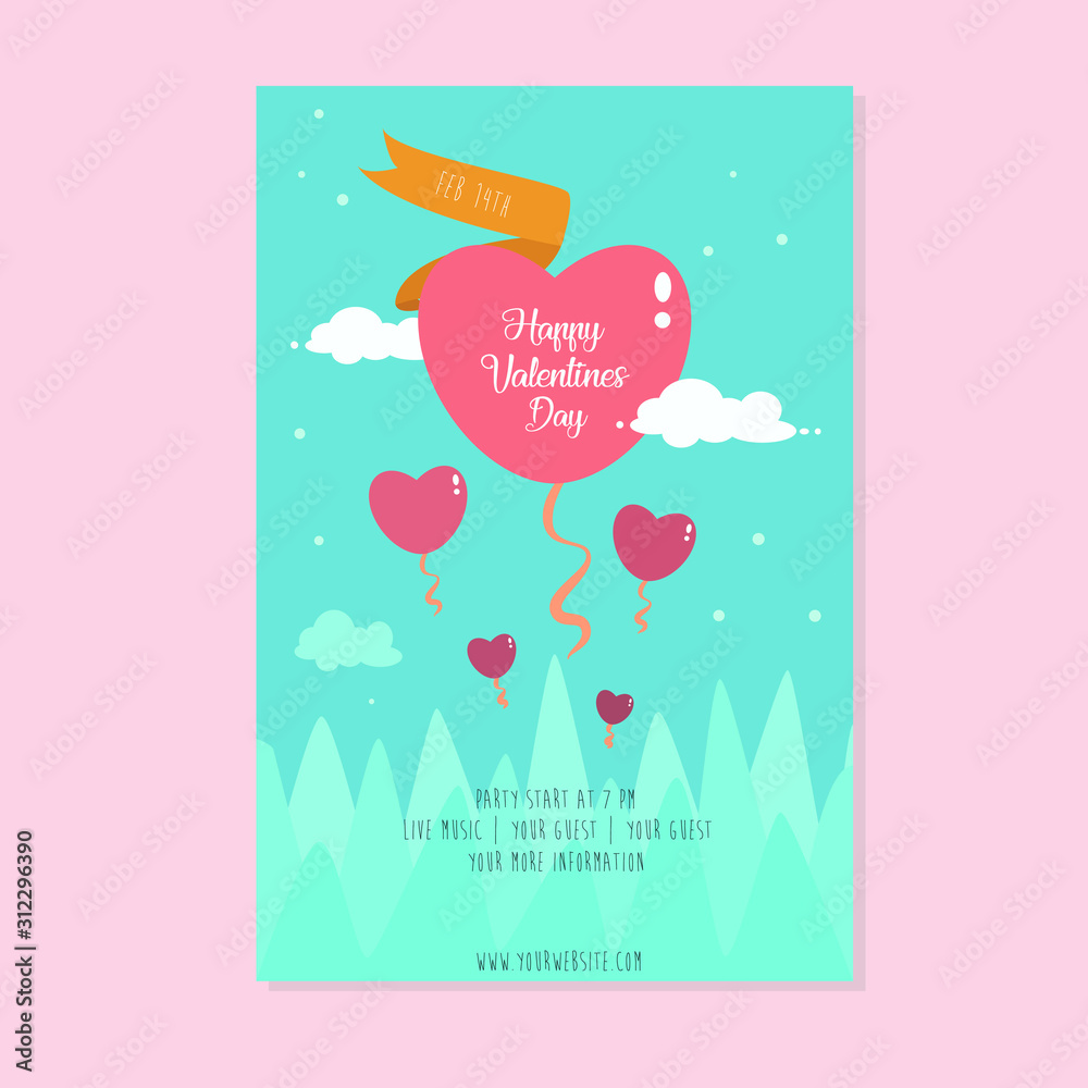 valentine's day poster with heart and balloon. flat design illustration