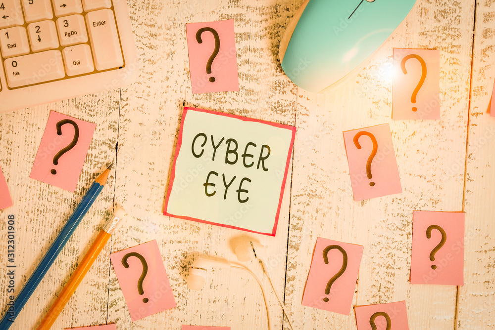 Word writing text Cyber Eye. Business photo showcasing tool engages in building smart technologies in cybersecurity Writing tools, computer stuff and scribbled paper on top of wooden table Word writing text Cyber Eye. Business photo showcasing tool engages in building smart technologies in cybersecurity Writing tools, computer stuff and scribbled paper on top of wooden table