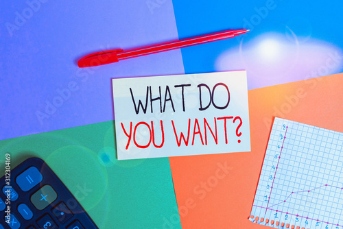 Word writing text What Do You Want Question. Business photo showcasing Tell me your desires requests deanalysisds ambition Office appliance colorful square desk study supplies empty paper sticker photo