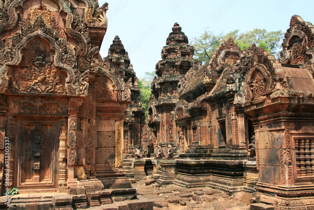 Temple architecture, sculptures and big trees in Southeast Asian countries