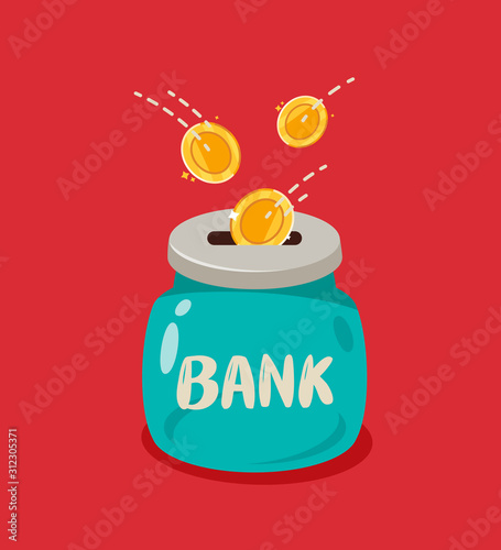Glass jar and gold coins falling into it. Bank, moneybox, money vector illustration