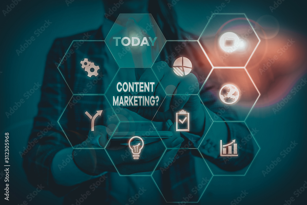 Fototapeta premium Handwriting text Content Marketing Question. Conceptual photo involves creation and sharing of online material Woman wear formal work suit present presentation using smart latest device