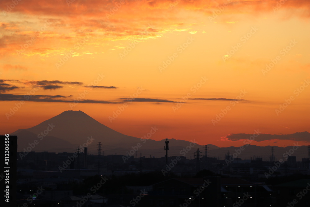 夕焼け空と富士山
