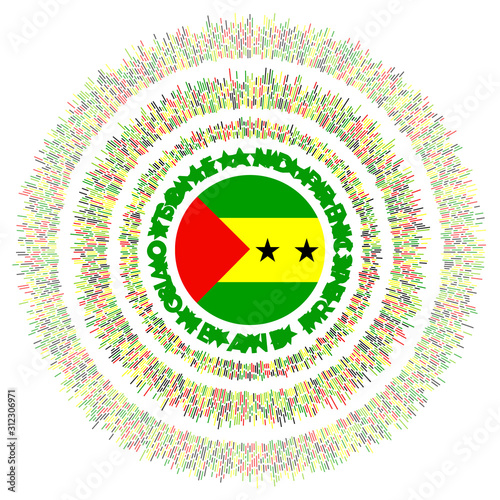 Sao Tome and Principe symbol. Radiant country flag with colorful rays. Shiny sunburst with Sao Tome and Principe flag. Radiant vector illustration. photo