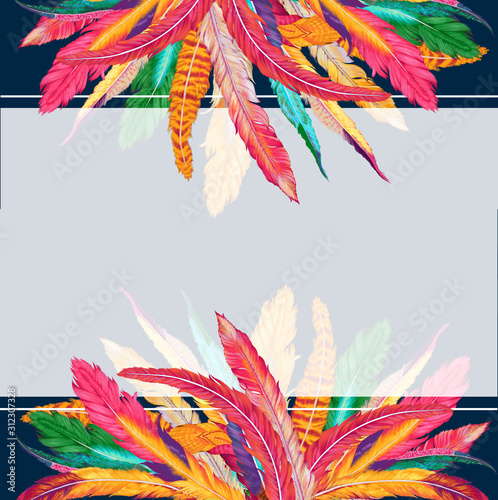  Design template with colorful feathers for invitations, wedding greeting cards, certificate, labels.