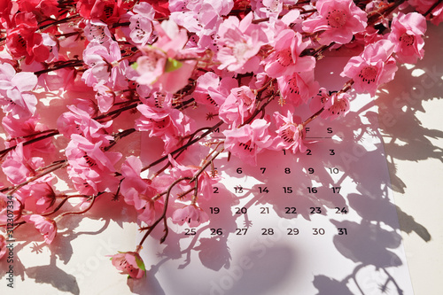 Close-up image of branches of blooming peach tree on sheet of calendar