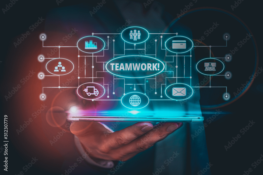Naklejka premium Word writing text Teamwork. Business photo showcasing combined action of group especially when effective and efficient Male human wear formal work suit presenting presentation using smart device