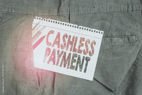 Conceptual hand writing showing Cashless Payment. Concept meaning transaction will be through electronic media or credit card Writing equipment and white note paper inside pocket of trousers