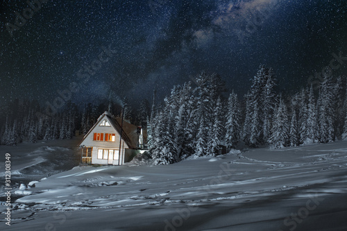 Wooden house with light in window. Fantastic night landscape in winter © horimono