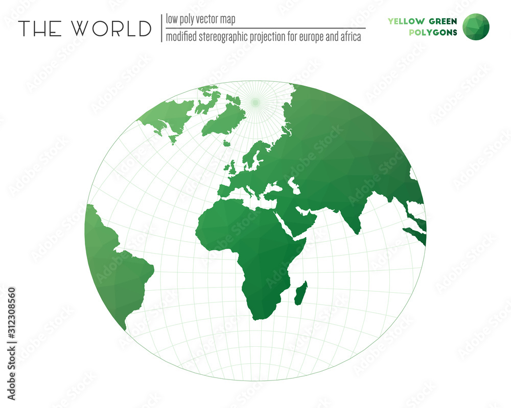 Abstract world map. Modified stereographic projection for Europe and Africa of the world. Yellow-Green colored polygons. Stylish vector illustration. Abstract world map. Modified stereographic projection for Europe and Africa of the world. Yellow-Green colored polygons. Stylish vector illustration.