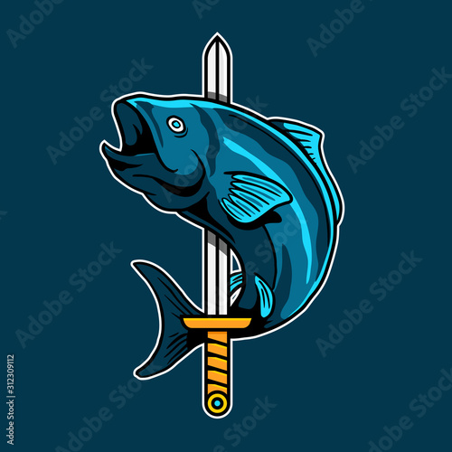 sword fish esport game vector logo. blue fish with dagger knife for anglers badge design