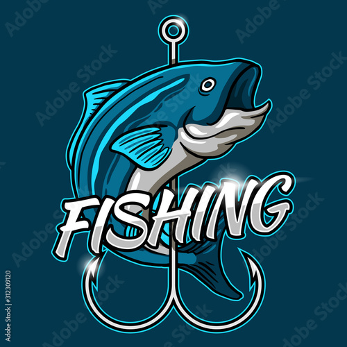 Cool blue Fish wrapped around hook with typography text esport logo style vector illustration for fly fishing shop and fisherman activity club badge design